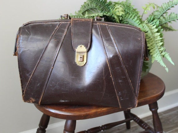 Antique French Brown Leather Gladstone Bag, Doctor / Midwife Bag