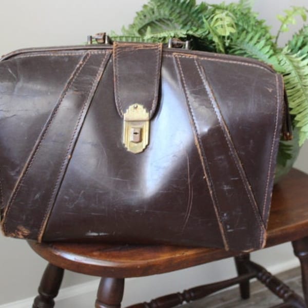 Vintage French Doctor Brown Bag Gladstone Leather Bag Old Apothecary Bag Medical Housecall Bag