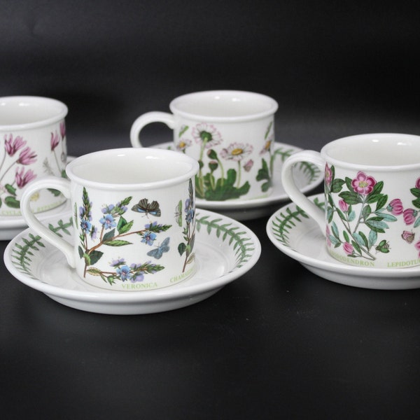 Portmeirion Botanic Garden (Set Of 4) Drum Flat Cups And Saucers/ Portmeiriom Pottery/ Portmeirion Breakfast Cups