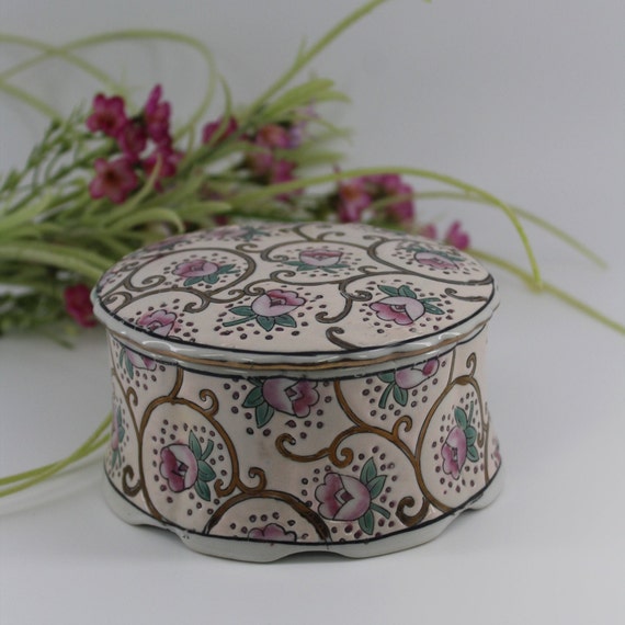 Vintage Floral Trinket Dish/ Ceramic Rose Lidded … - image 1