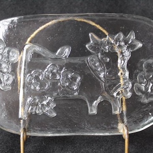 Vintage Glasi Hergiswil Glass Swiss Cow Cheese Plate, Olma The Swiss Cow Small Cheese Tray Cutting Board Mid Century Glass, Scandinavian