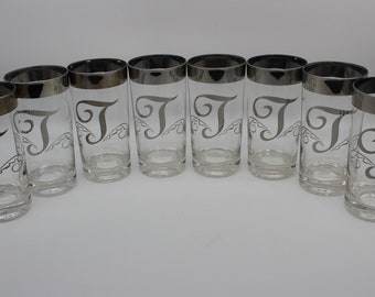 MCM Queen's Lusterware (Sold In Sets Of 4) Monogrammed "T" Silver Rimmed Highball Tumblers, Silver Band Glassware, Barware, Mad Men Barware