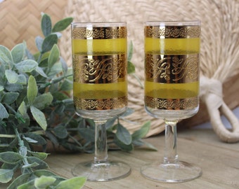 Culver Starlyte Stemmed Green & Gold Wine Glasses/Culver Embossed (Set Of 2 ) Mid Century Cordial Wine Glasses/Mad Men/MCM