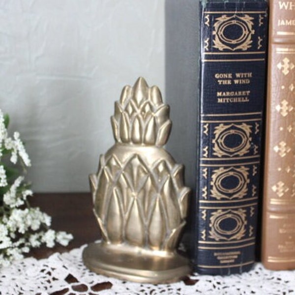 Vintage Solid Brass Pineapple Single Bookend/Whimsical Southern Hospitality Tropical/Hollywood Regency/Art Nouveau
