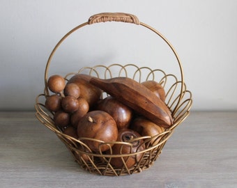 Vintage Basket Of Wood Fruit/ 10 Pc Wood Fruit In Basket/ Centerpiece/ Kitchen Decor
