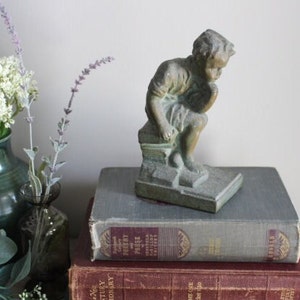 Distressed Cast Iron Thinker Boy Antique Bookend Victorian Figure Gothic Cast Iron Statue Dark Academia Bookend