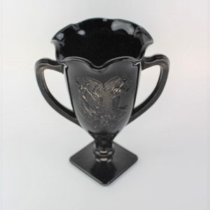 Vintage LE Smith Black Amethyst Glass Loving Cup, Snake Dance Pattern Double Handled Vase, Black Amethyst Trophy Vase