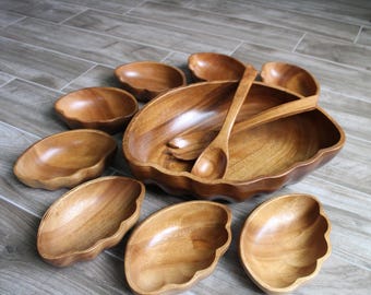 BOHO Monkey Pod Wood( 11 Piece )Serving Bowl/ Acacia Wood Salad Bowl Set/ Monkey Pod Wood Salad Bowls