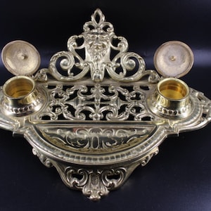 Stunning Vintage French Victorian Ornate Brass Bacchus Double Inkwell, Baroque Ornate Brass Duo Inkwell Desk Organizer