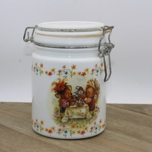 Vintage Milk Glass Jar With Bears Hinged Lid, Milk Glass Canister, Cottagecore, Kitchen Jar, Storage Container