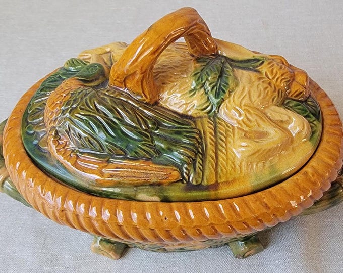 Vintage Majolica Game Pie Dish, Hare Rabbit Duck Tureen Casserole Dish ...