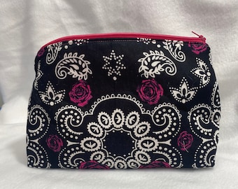 Pink and Black bandana make up bag, bandana cosmetic bag, gift for her