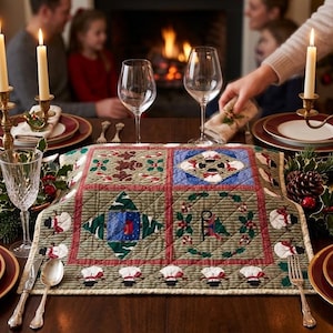 May include: A rectangular quilted table runner featuring a festive holiday pattern with snowmen, holly, and candy canes. The runner has a green and tan striped background with red borders and is displayed on a dining table set with plates and candles.