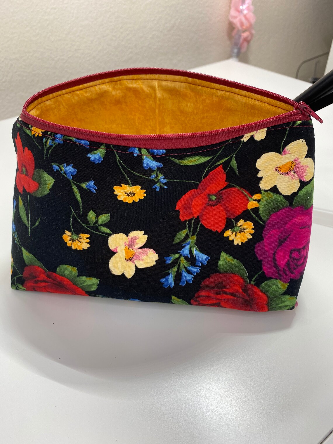 Black Floral Make up Bag Large Floral Cosmetic Bag Make up Etsy