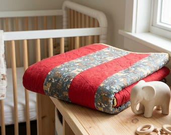 Handmade woodland deer baby quilt| pink and gray floral nursery blanket, fawn crib bedding