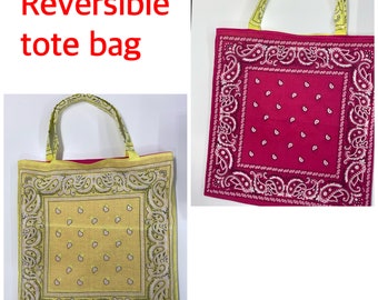 Reversible tote bag, Hot pink and Yellow reversible bag, large grocery bag