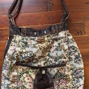 Large Vintage 70&#39;s handmade distressed leather and tapestry Hobo hippie tote