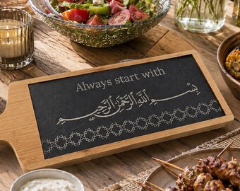 Islamic Serving Board, Bismillah Arabic Calligraphy Slate Cheese Board, Bamboo Kitchen Decor, Muslim Gift, Housewarming