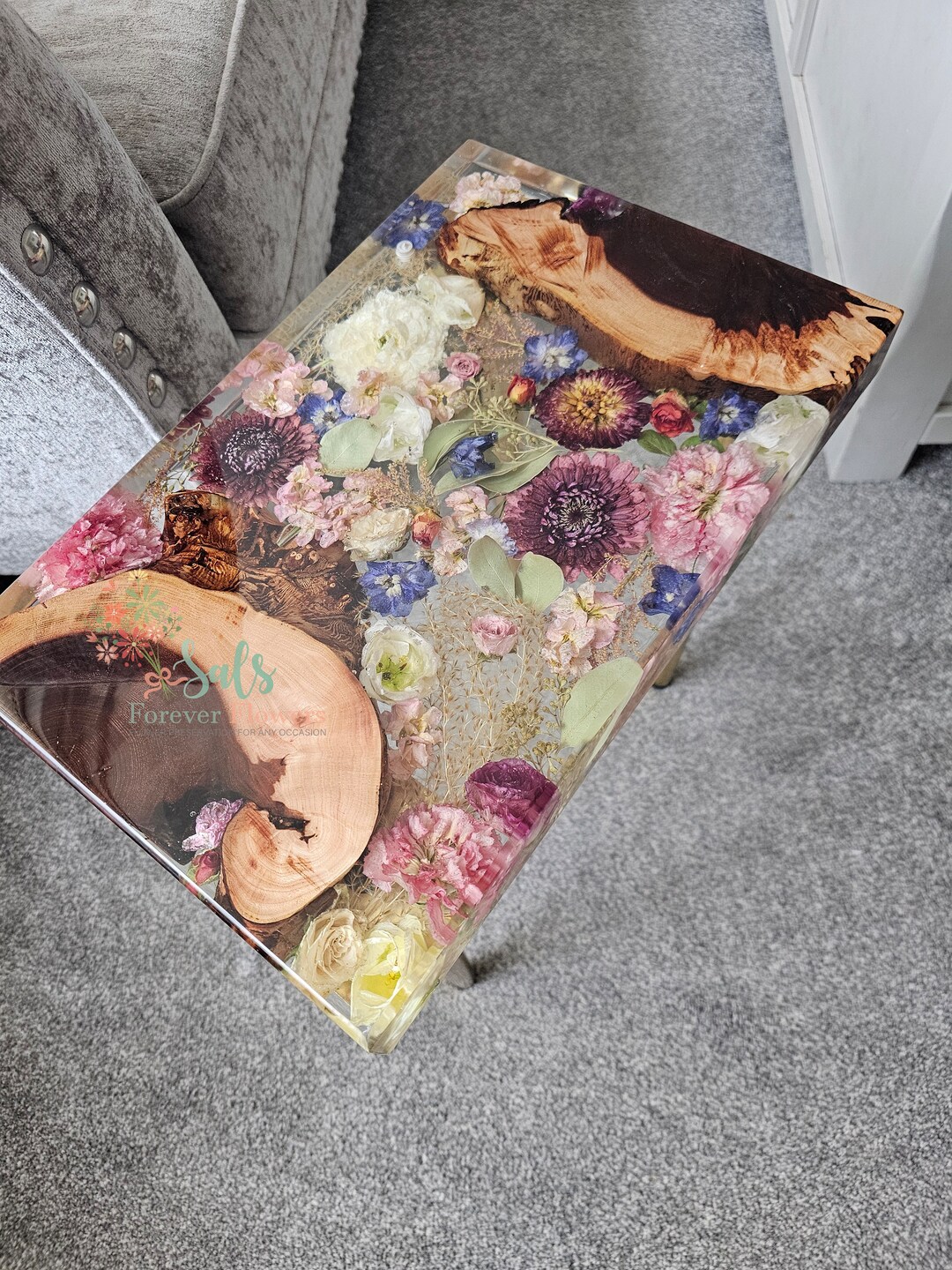 Handmade Resin Flower Table. River Table, Side Table, Coffee Table