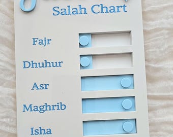 May include: A white rectangular Salah chart with light blue text and accents. The board features the name Jace's, two star shapes, and the prayer times Fajr, Dhuhur, Asr, Maghrib, and Isha. Each prayer has a sliding light blue button track.