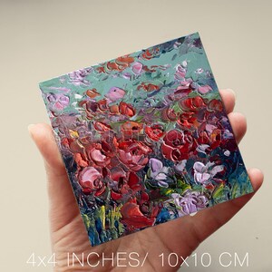 Small Landscape Miniature Art for Shelf, Red Flower Field Small Painting, Tree Landscape Small Art, Blue Green Rustic Home Decor