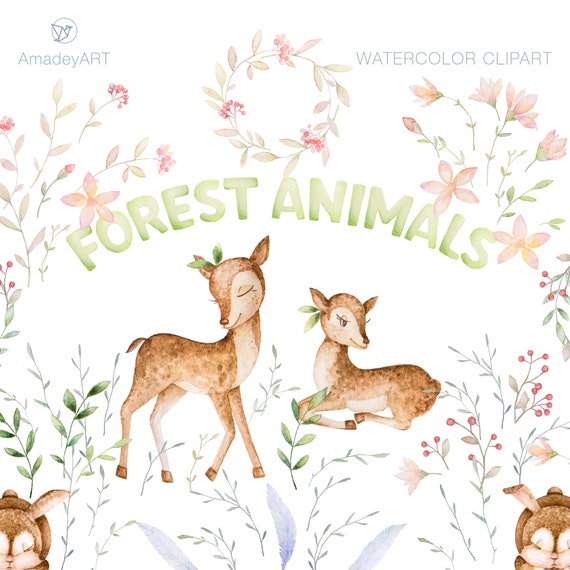 Download Woodland Scene Creator Baby Clipart Forest Animals Wild Deers Etsy