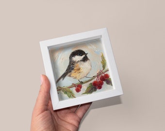Chickadee Paintings on Canvas, Small Framed Bird Art, Bird and Red Berry Paintings, Mini Painting Gift, Christmas Gift for Bird Lovers