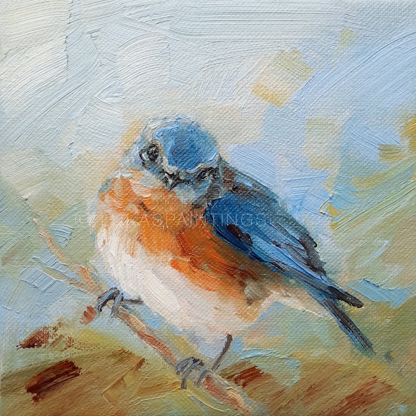 Eastern Bluebird Art, Little Gifts of Happiness, Small Bird Painting Custom Order, Eastern Blue Bird Small Painting, Small Art for Shelf