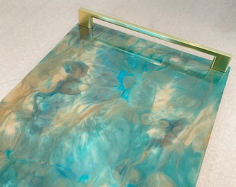 READY TO SHIP! Modern aqua/gold/glass Serving Tray with Handles/ table Centerpiece/Cheeseboard/charcuterie/ Holiday table