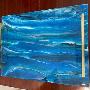 VERSANDFERTIG! Bunt Blau / Marine / Gold / Aqua / Petrol Serviertablett mit Griffen / Resin Tablett / Tischdekoration / Käsebrett / Urlaubsplatte