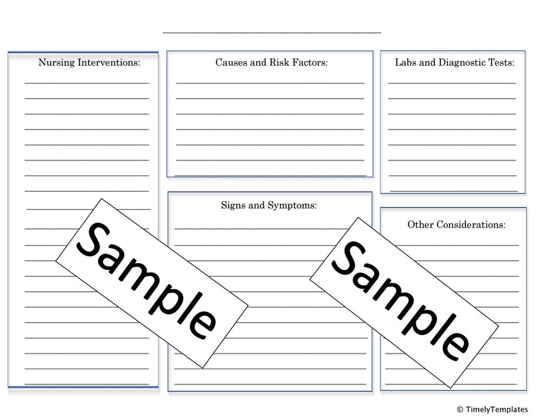 May include: A printable worksheet with blank lines for writing notes. The worksheet is divided into five sections: Nursing Interventions, Causes and Risk Factors, Labs and Diagnostic Tests, Signs and Symptoms, and Other Considerations. The word "Sample" is written diagonally across the worksheet.