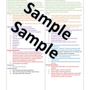 May include: A chart comparing hypothyroidism and hyperthyroidism. The chart lists the causes, signs and symptoms, nursing interventions, medications, and patient education for each condition.