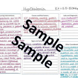 May include: A handwritten medical chart with the title "Hypokalemia" and the subtitle "K+=3.5-5.0mEq/L". The chart lists causes, symptoms, nursing interventions, labs, and other considerations for hypokalemia.