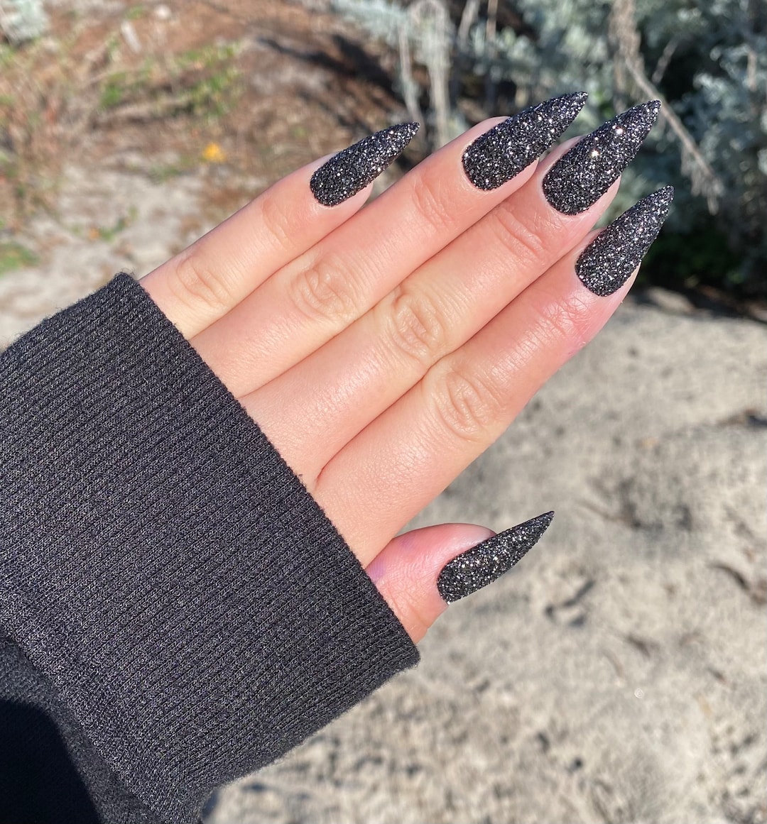 Dark Black Glitter Powder Long Almond Acrylic Nails Stiletto Black