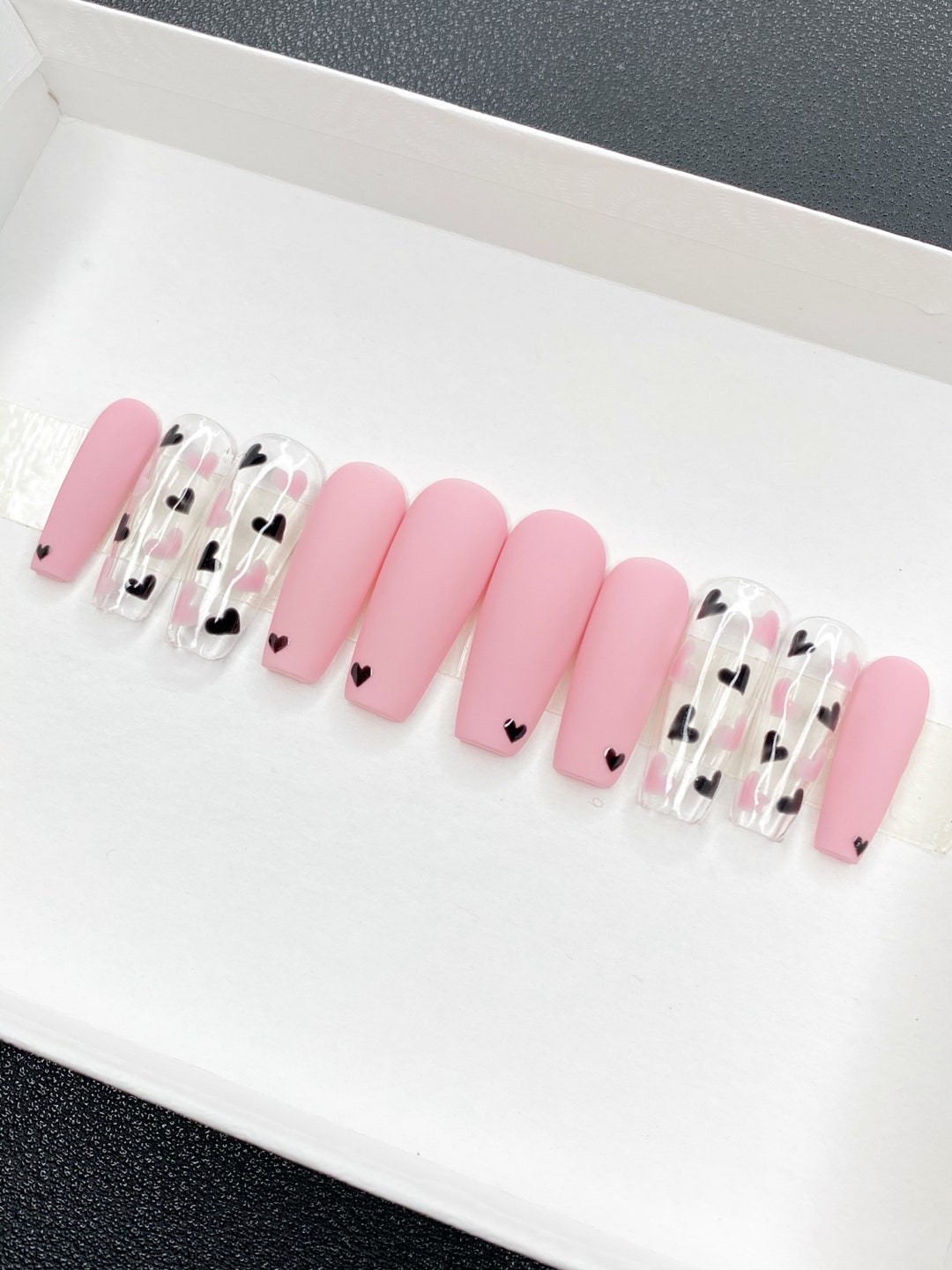 New Ballerina Press on Nails Black and Pink Hearts Matte - Etsy