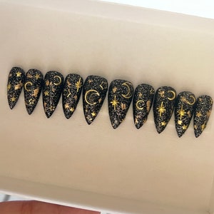 Black Gold Moon/Stars Glitter Nails