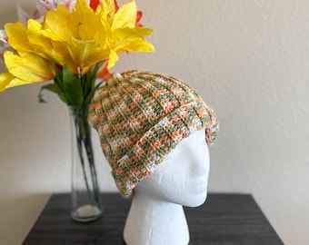 Hand-Crocheted Peach Tree Acrylic Beanie – Warm Winter Hat