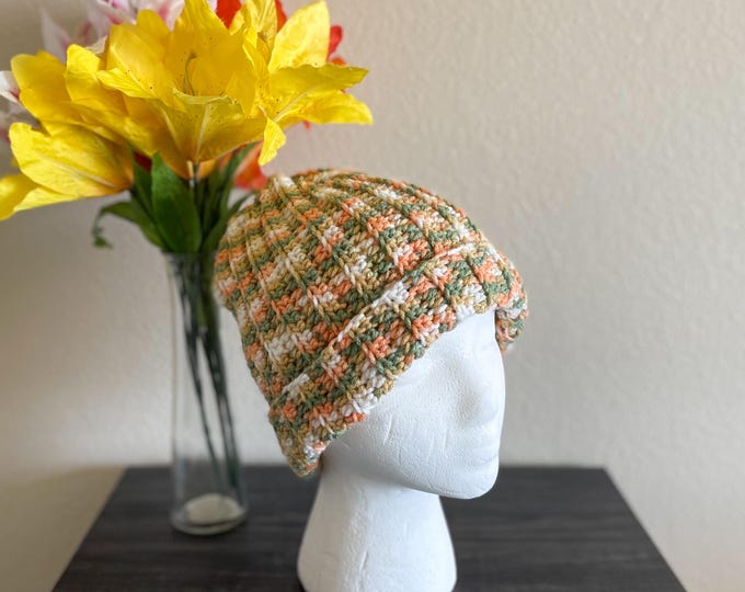 Hand-Crocheted Peach Tree Acrylic Beanie – Warm Winter Hat