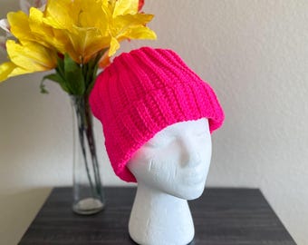 Hand-Crocheted Neon Pink Acrylic Beanie – Warm Winter Hat