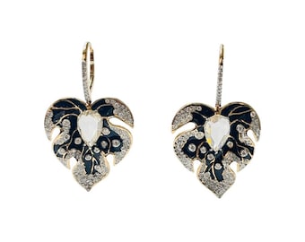 Pear Shape Diamond And Enamel Chandelier Earrings In 18K Gold.