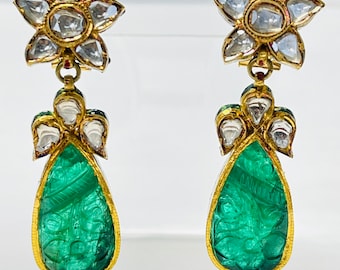 Pear Shape Carved Emerald And Diamond Earrings In Yellow Gold.