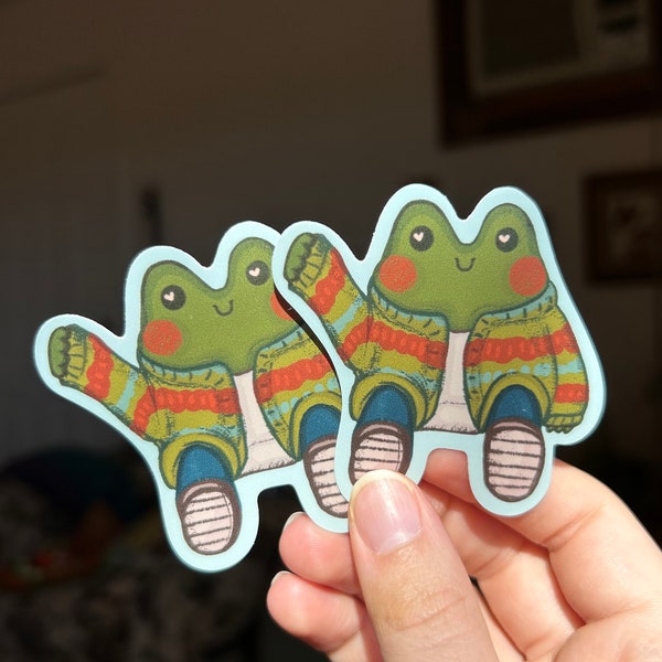 Cute Frog Wearing A Sweater Vinyl Sticker // Weatherproof Sticker for Car Sticker for Water bottle Sticker for Laptop Decal Frog Art