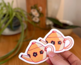Cute Yellow Teapot Vinyl Sticker // Weatherproof Sticker for Car Sticker for Water bottle Sticker for Laptop Decal Teapot Art With Flowers