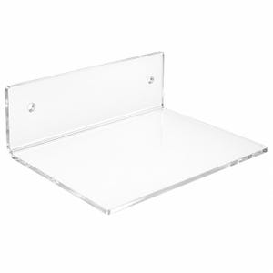 May include: A clear acrylic wall-mounted shelf featuring a flat horizontal surface and a vertical back panel. The back panel includes two circular pre-drilled holes for mounting purposes, providing a transparent and functional storage solution.