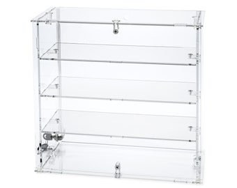 May include: Clear acrylic display case with four shelves. The case has a hinged door and is ideal for displaying collectibles or small items.