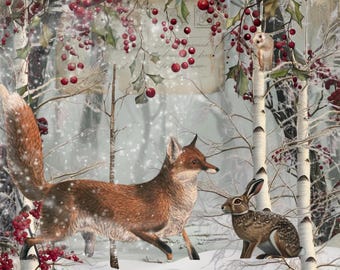 May include: A winter scene depicting a fox and a rabbit in a snowy forest. The fox has reddish-brown fur and is in motion, while the rabbit is brown and white. Red berries and green leaves adorn the branches of the trees, and an owl perches on a tree.