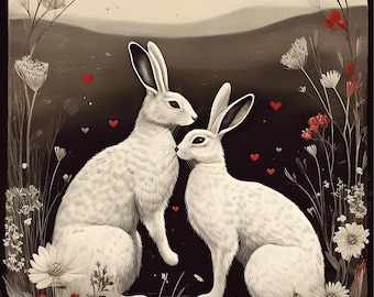 Romantic Rabbit Greeting Card | Valentine’s Day Card with Floral and Heart Accents