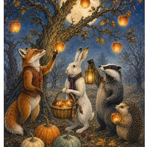 May include: A detailed illustration of a fox, a white rabbit, a badger, and a hedgehog gathering glowing apples under a full moon. The scene features pumpkins, berries, and autumn leaves on the ground, with the animals holding a lantern and basket.