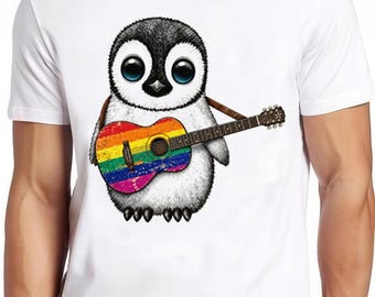 Baby Penguin T Shirt Playing Guitar Gay Pride LGBT Rainbow Cool Gift Tee 8145