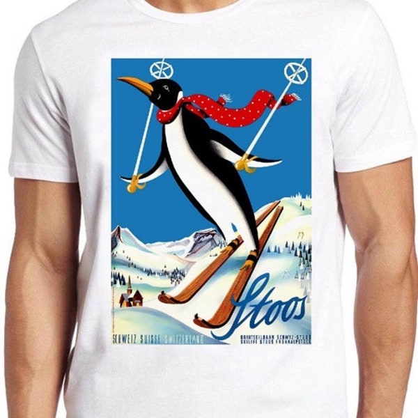 Ski Penguin T Shirt Swiss Alpine Switzerland Travel Poster Cool Gift Tee 304